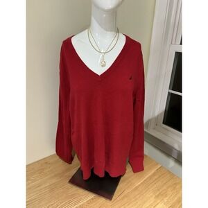 Nautica‎ Women's Effortless J-Class Long Sleeve Cotton V-Neck Red Sweater XXL TF